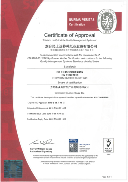 2019年，通过“AS9100航空体系”认证